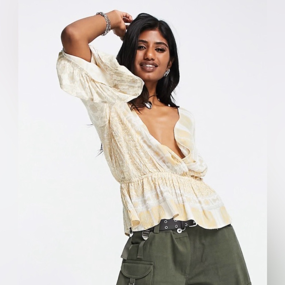 Free People Rosalie Wrap Blouse Ivory Combo Boho Size L - Picture 3 of 8